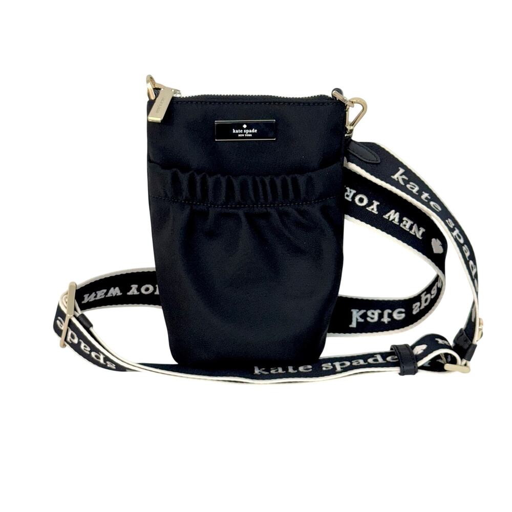 Kate Spade Carter Nylon Crossbody Phone Mini Bag Black Webbing White Logo Strap